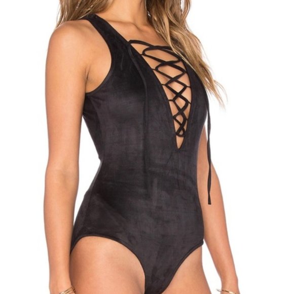 Glamorous Tops - Glamorous Black Suede Lace Up Bodysuit - S